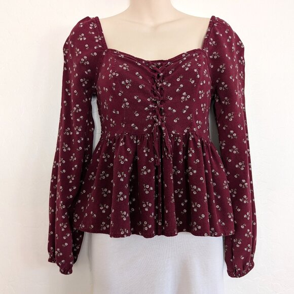AEROPOSTALE Top Women's S Burgundy Floral Corset Babydoll Pullover Long Sleeve - Picture 1 of 16